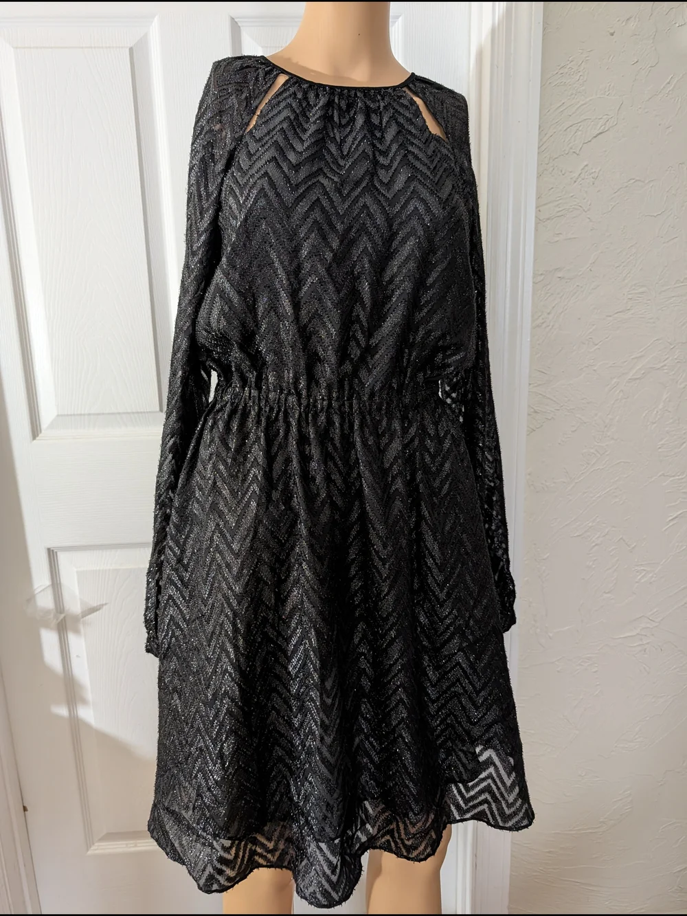 Michael Kors Black Chevron Lace Long-Sleeve Dress